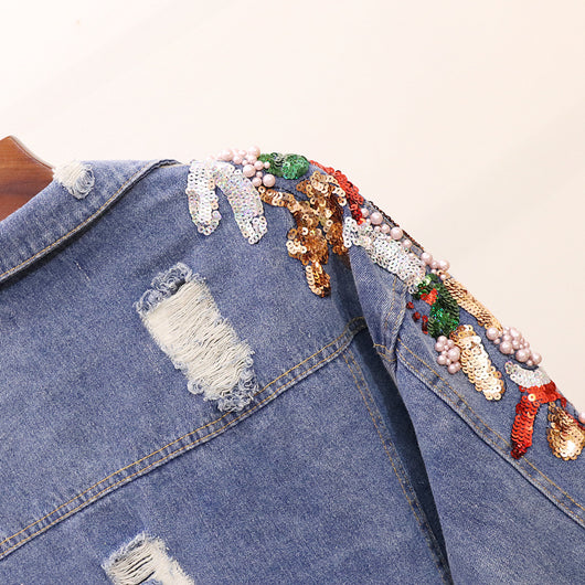 Chaqueta Denim Oversized con Bordados y Lentejuelas Reductora para Mujer - Image 13