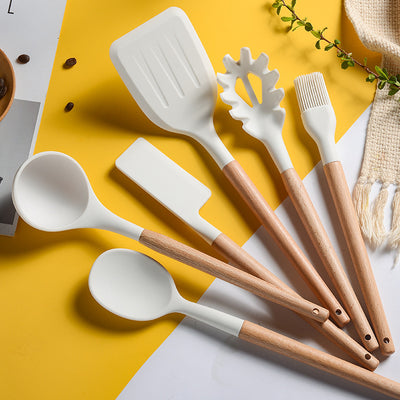 Set de Utensilios de Cocina en Silicona con Mango de Madera Crema - Image 14