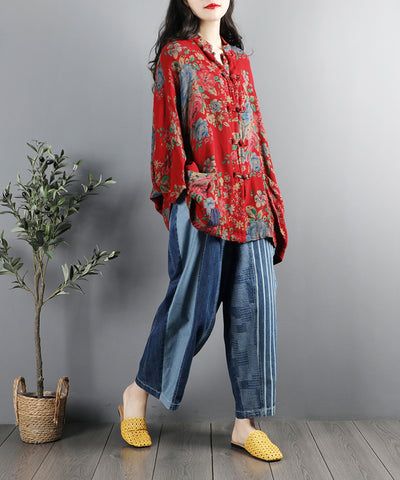 Camisa Retro Étnica con Cuello Mao y Estampado Floral - Image 12