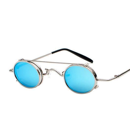 Retro round sunglasses with vibrant red lenses and a black metal frame, featuring a unique flip-up design. - Image 5