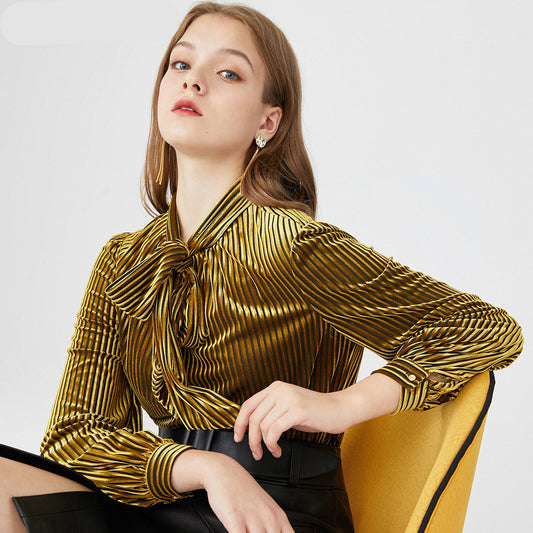 Blusa Tejida de Terciopelo Elástico con Encaje a Rayas