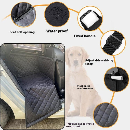 Golden retriever in a dark grey quilted pet car seat, secured in the back seat of a car. - Image 3
