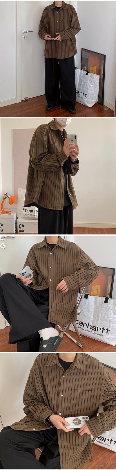 Camisa Vintage a Rayas de Manga Larga para Hombre - Image 9