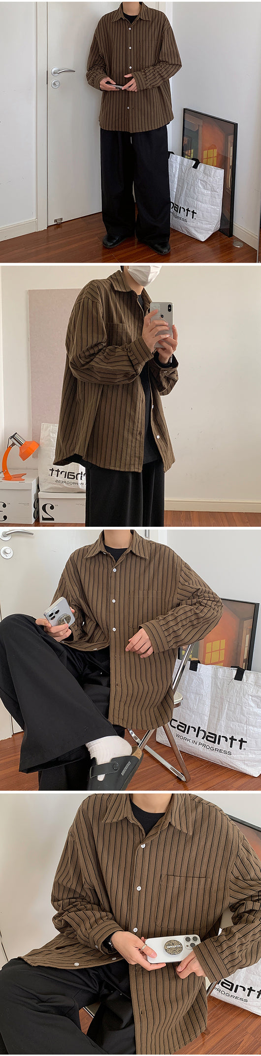 Camisa Vintage a Rayas de Manga Larga para Hombre - Image 9