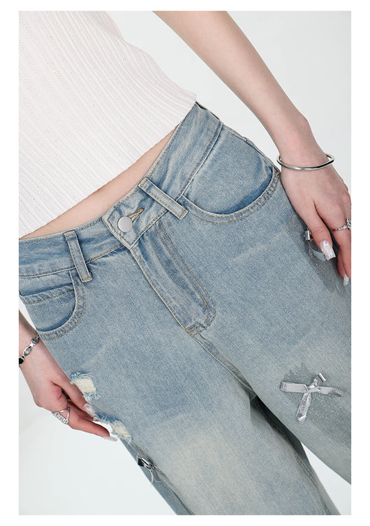 Jeans Rectos Retro con Lazada y Rotos para Mujer - Image 18