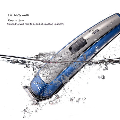 Five-in-one HTC electric hair clipper set with multiple attachments and a black charging stand on a dark background. - Image 2