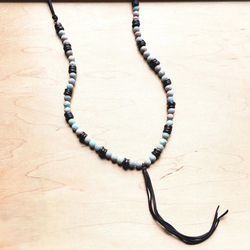 **Frosted Aqua Terra Necklace w/ Wood Beads & Leather Tassel 258a