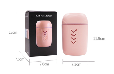 Light blue portable car humidifier with chevron pattern, white USB LED light, and white USB mini fan. - Image 10