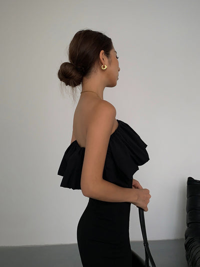 Vestido Negro Elegante con Volante y Hombro Descubierto - Image 14