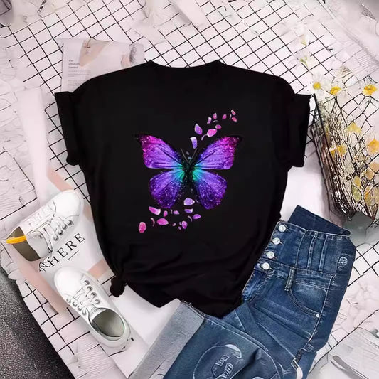 Playera Estampada Mariposas Flores Colores Cuello Redondo Manga Corta
