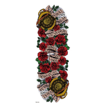 Full arm temporary tattoo sticker with a black, red, and light blue tribal design, featuring abstract shapes and patterns. - Image 35