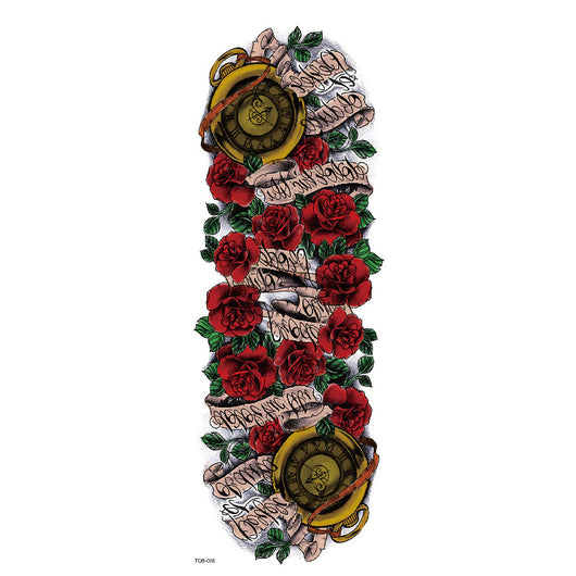 Full arm temporary tattoo sticker with a black, red, and light blue tribal design, featuring abstract shapes and patterns. - Image 35