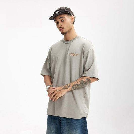 Camiseta Retro Pesada Cuello Bordado Manga Corta