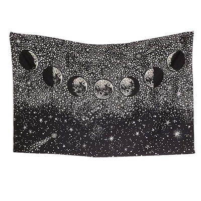 Black and white Yin Yang Mandala tapestry featuring 'The Moon' tarot card design with wolves, stars, and zodiac symbols. - Image 6
