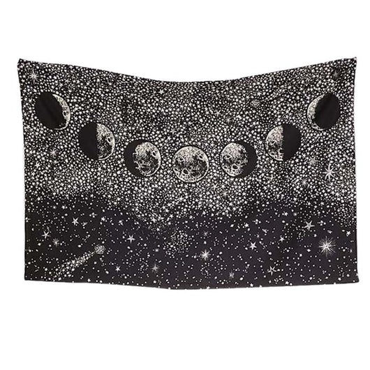 Black and white Yin Yang Mandala tapestry featuring 'The Moon' tarot card design with wolves, stars, and zodiac symbols. - Image 6