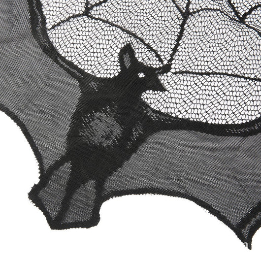 Black lace Halloween curtain with a spider web pattern and a hanging bat figure, perfect for spooky decor. - Image 2