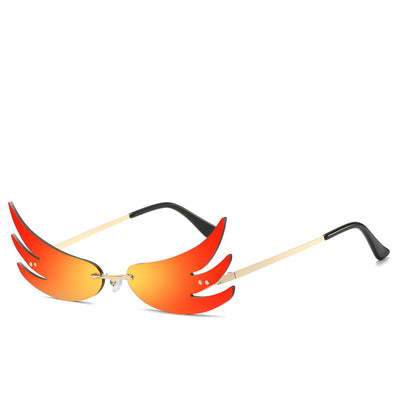 Rimless flame-shaped sunglasses with silver reflective lenses, gold metal temples, and black temple tips. - Image 3