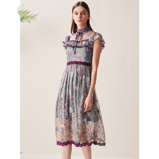 Vestido de Encaje con Malla Estampada - Image 3