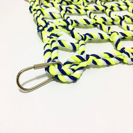 Yellow and blue woven rope climbing net for small pets, featuring a grid pattern and four metal hooks. - Image 5
