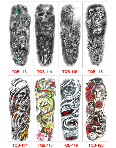 Full arm temporary tattoo sticker with a black, red, and light blue tribal design, featuring abstract shapes and patterns. - Image 57