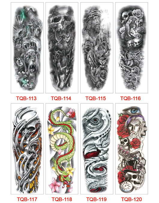 Full arm temporary tattoo sticker with a black, red, and light blue tribal design, featuring abstract shapes and patterns. - Image 57