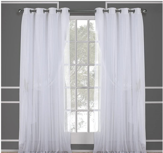 Dark blue double layer shading curtains with white sheer lace overlays, hung on a silver grommet rod. - Image 17