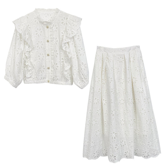 Conjunto Elegante Blanco: Blusa y Falda de Corte Impecable - Image 2