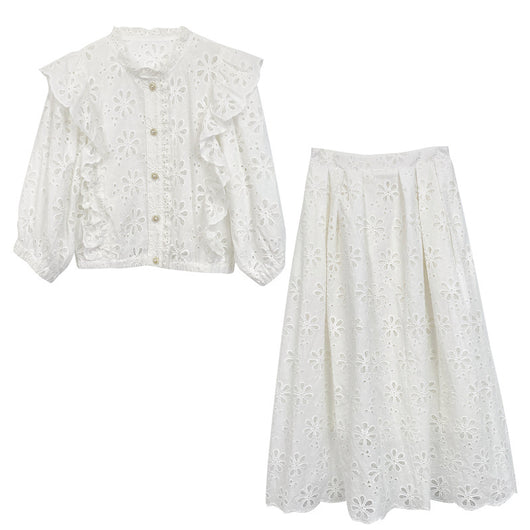 Conjunto Elegante Blanco: Blusa y Falda de Corte Impecable - Image 2