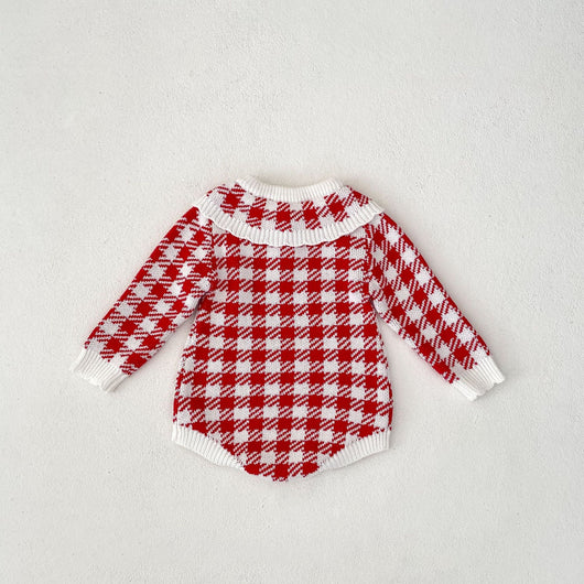 Mameluco Triangular de Punto para Bebé Niña - Diseño Cuadros Otoñal en Rojo - Image 16
