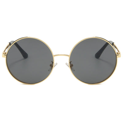 Round gold metal frame sunglasses with brown lenses and glitter detail on the outer rim, featuring dark red temple tips. - Image 2