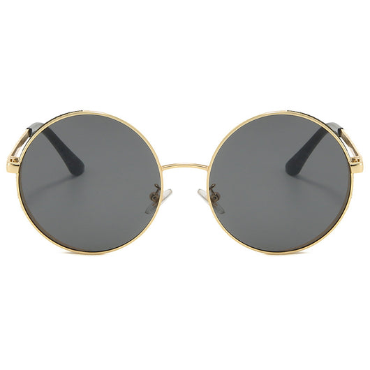 Round gold metal frame sunglasses with brown lenses and glitter detail on the outer rim, featuring dark red temple tips. - Image 2