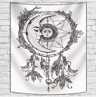 Bohemian sun and moon tapestry with a celestial pattern of golden suns and crescent moons on a dark blue background. - Image 41