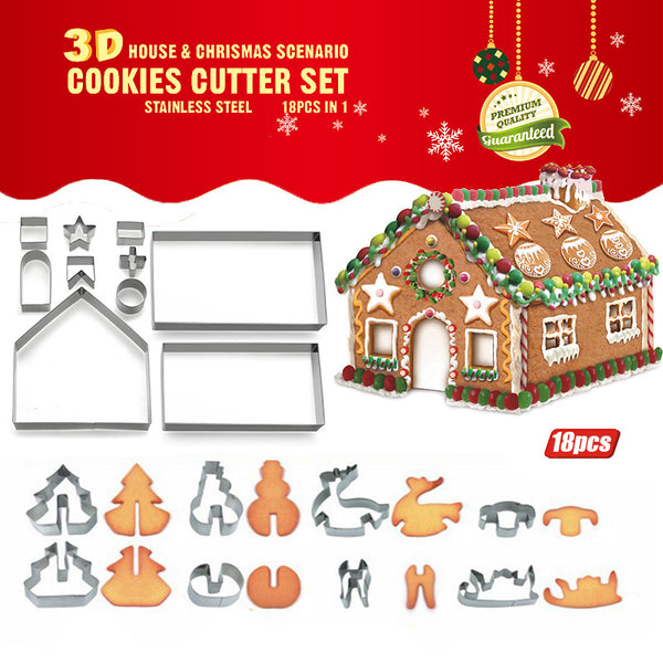 Set de 8 Cortadores de Galletas Navideñas - 18 Piezas Acero Inoxidable Casa de Jengibre