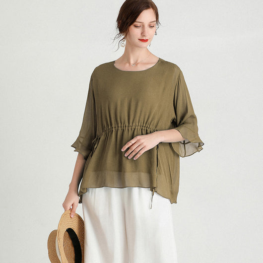 Blusa de Seda Elegante Manga Corta Talla Grande Efecto Reductor - Image 8