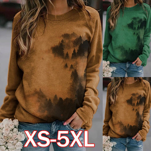 Sudadera Estampado Montañas Otoño Cómoda Suelta Mujer Cuello Redondo