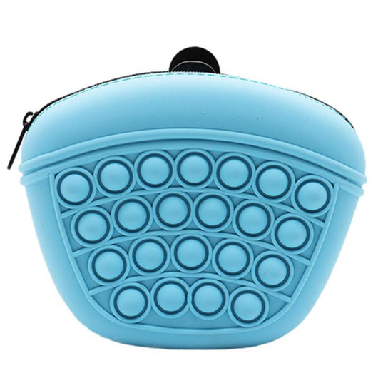 Light blue silicone pet treat pouch with a pop-it fidget design and black zipper closure. - Image 12