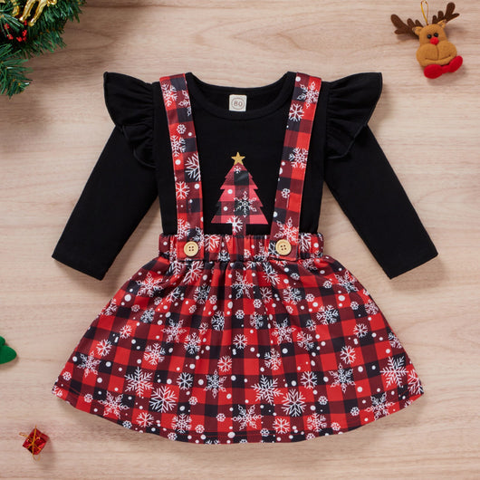 Conjunto Navideño para Niña: Playera Estampada y Falda Escocesa