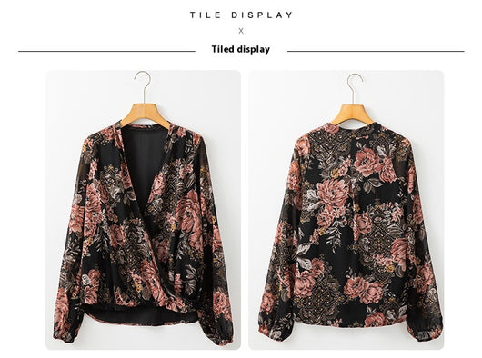 Blusa Floral de Chifón con Escote en V y Mangas Largas para Mujer - Image 8