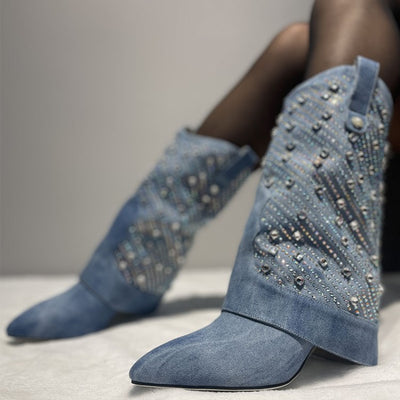 Botas Stiletto con Punta Afilada y Pedrería para Mujer