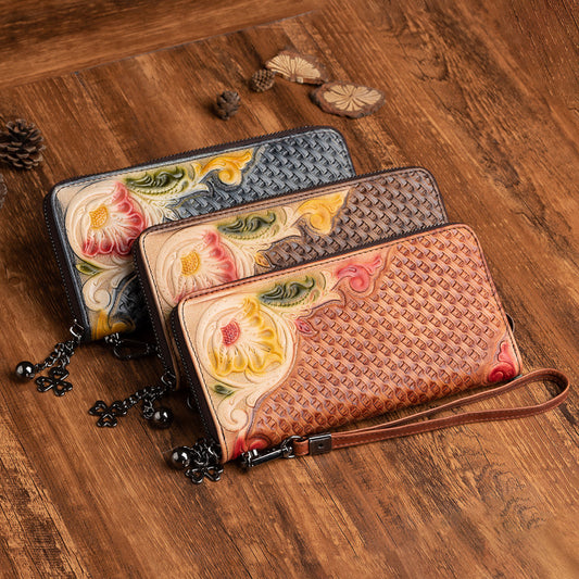 Cartera de Cuero Mediana Pintada a Mano con Árbol Retro