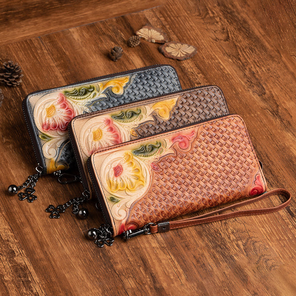 Cartera de Cuero Mediana Pintada a Mano con Árbol Retro