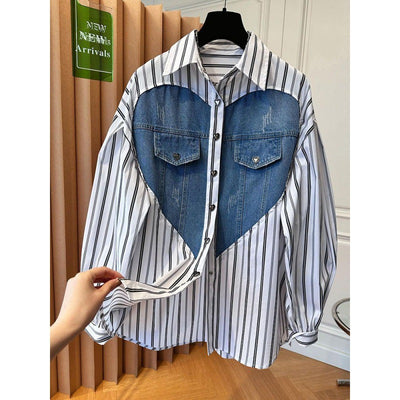 Camisa Denim Holgada con Patchwork a Rayas - Estilo Casual y Desenfadado - Image 3