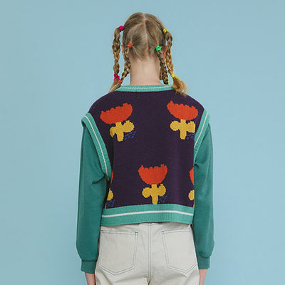 Chaleco Tejido Floral Cuello V Mujer - Suéter Corto Holgado Otoño Invierno - Image 5