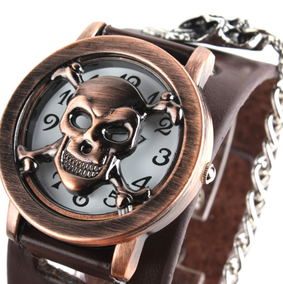 Reloj Calavera con Cadena - Diseño Marrón Clásico