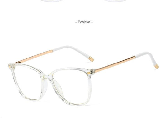 Black full-frame blue light blocking glasses with gold-colored metal temples on a white background. - Image 3