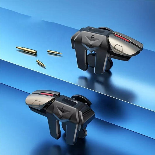 Pair of black and silver G21 six-finger auxiliary firing mobile gaming triggers with red accents on a blue surface. - Image 10