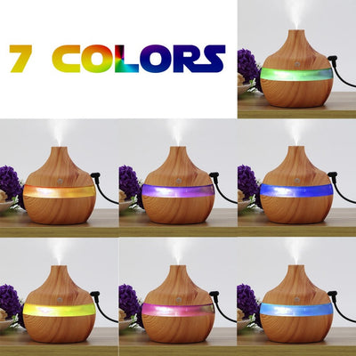 Wood grain aromatherapy USB humidifier with water drop shape, lid open, showing internal components and LED light options. - Image 6