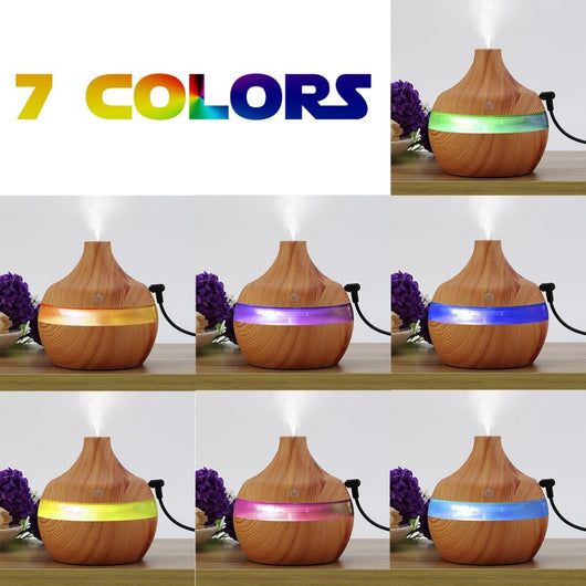 Wood grain aromatherapy USB humidifier with water drop shape, lid open, showing internal components and LED light options. - Image 6