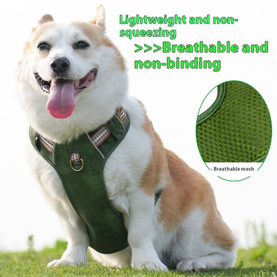 Brown leather pet harness with reflective stripes, adjustable tan buckles, and a gold D-ring on a white background. - Image 4