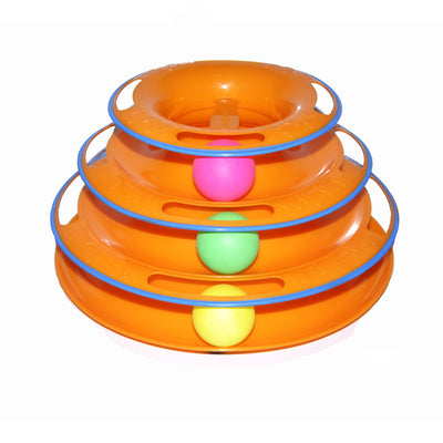Orange three-layer cat play plate with blue trim, featuring a pink, green, and yellow ball on each level. - Image 6